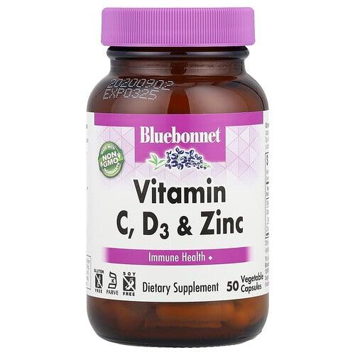 Bluebonnet Nutrition Vitamin C D3 Zinc 50 Vegetable Capsules