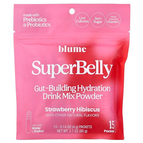 Blume Superbelly Gut Building Hydration Drink Mix Powder Strawberry Hibiscus 15 Packets 0 14 Oz 4 G Each