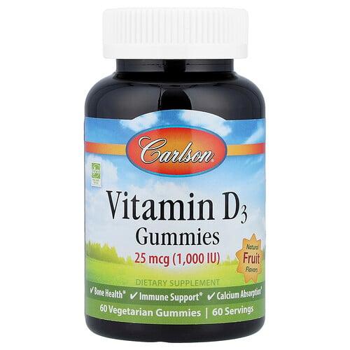 Carlson Vitamin D3 Gummies Natural Fruit 25 Mcg 1 000 Iu 60 Vegetarian Gummies