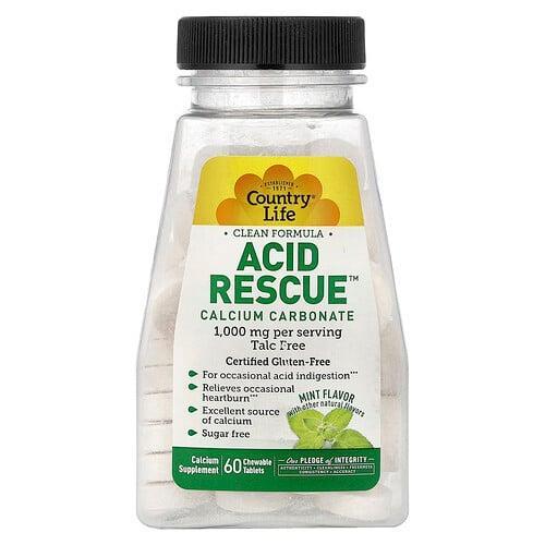Country Life Acid Rescue Calcium Carbonate Mint 60 Chewable Tablets