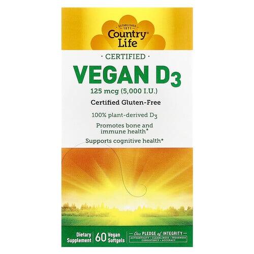 Country Life Certified Vegan D3 125 Mcg 5 000 Iu 60 Vegan Softgels