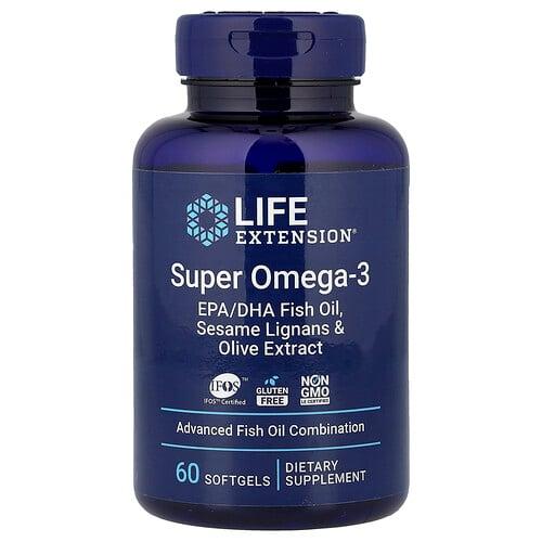 Life Extension Super Omega 3 Epa Dha Fish Oil Sesame Lignans Olive Extract 60 Softgels product image