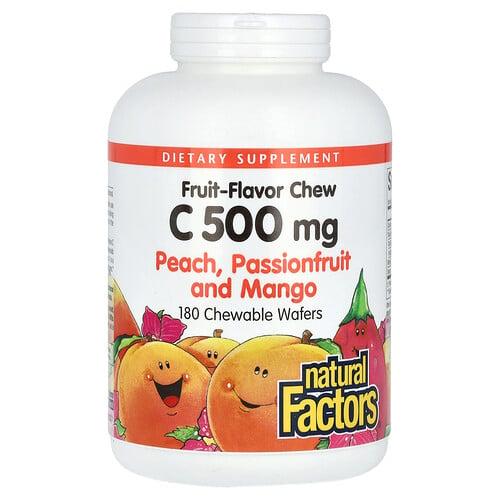 Natural Factors Vitamin C Fruit Flavor Chew Peach Passionfruit And Mango 500 Mg 180 Chewable Wafers
