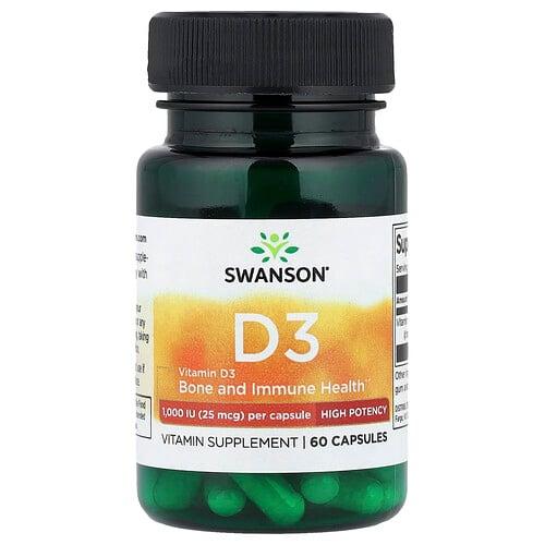 Swanson Vitamins Vitamin D3 High Potency 25 Mcg 1 000 Iu 60 Capsules product image