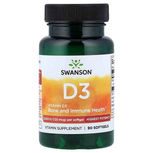 Swanson Vitamins Vitamin D3 Highest Potency 125 Mcg 5 000 Iu 90 Softgels