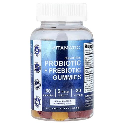 Vitamatic Probiotic Prebiotic Gummies Sugar Free Natural Orange Strawberry 60 Gummies 2 5 Billion Cfu Per Gummy