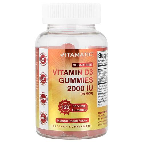 Vitamatic Vitamin D3 Gummies Sugar Free Natural Peach 50 Mcg 2 000 Iu 120 Gummies