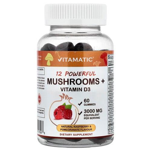 Vitamatic 12 Powerful Mushrooms Vitamin D3 Natural Raspberry Pomegranate 60 Gummies