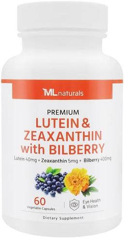 ML Naturals Premium Lutein and Zeaxanthin, Bilberry 60 Vegetarian Capsules. Lutein 40 mg, Zeaxanthin 5 mg, Bilberry 400 mg. Premium Quality. Healthy Eyes and Vision, NSF Certified and cGMP Compliant