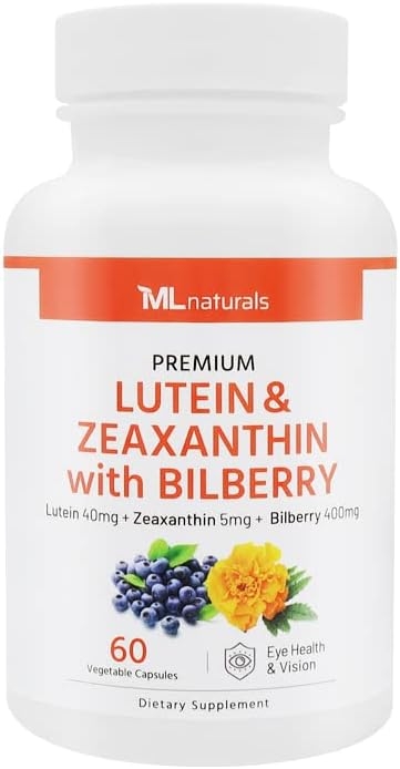 ML Naturals Premium Lutein and Zeaxanthin, Bilberry 60 Vegetarian Capsules. Lutein 40 mg, Zeaxanthin 5 mg, Bilberry 400 mg. Premium Quality. Healthy Eyes and Vision, NSF Certified and cGMP Compliant product image