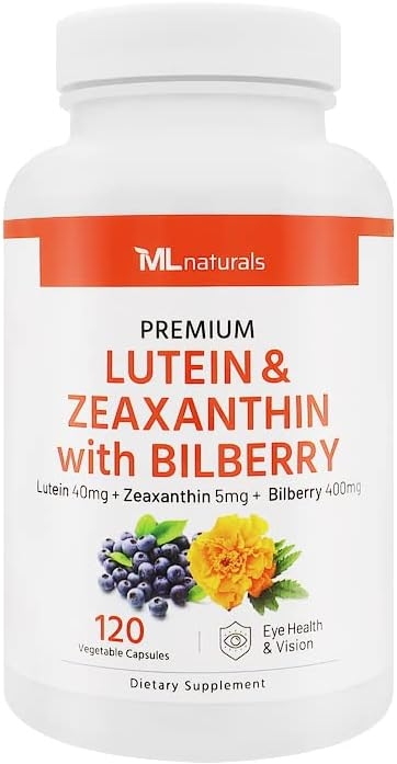 ML Naturals Premium Lutein and Zeaxanthin with Bilberry 120 Vegetarian Capsules. Lutein 40 mg, Zeaxanthin 5 mg, Bilberry 400 mg. Natural Ingredients. High Potency and Premium Quality. Healthy Eyes and Vision. product image