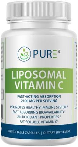 PURE Liposomal Vitamin C Capsules, 2100mg, Sunflower Lecithin, 180 Capsules, 60-Day Supply, Premium Wellness Supplement