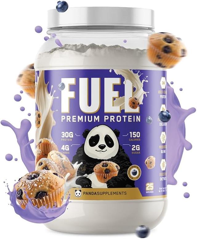 Panda Fuel Premium Protein Whey, Hydrolyzed Collagen, Casein, Probiotics, Enzymes, Keto-Friendly, Time Release, 25 Servings (1.1kg (2.5 lbs), Blueberry Muffin) product image