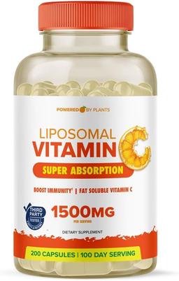 Liposomal Vitamin C Capsules, 1500mg Buffered High-Absorption Vit C, Immune System & Collagen Booster, 1500mg, High-Potency Fat-Soluble Immune Support Ascorbic Acid Supplement (200 Capsules) Vegan