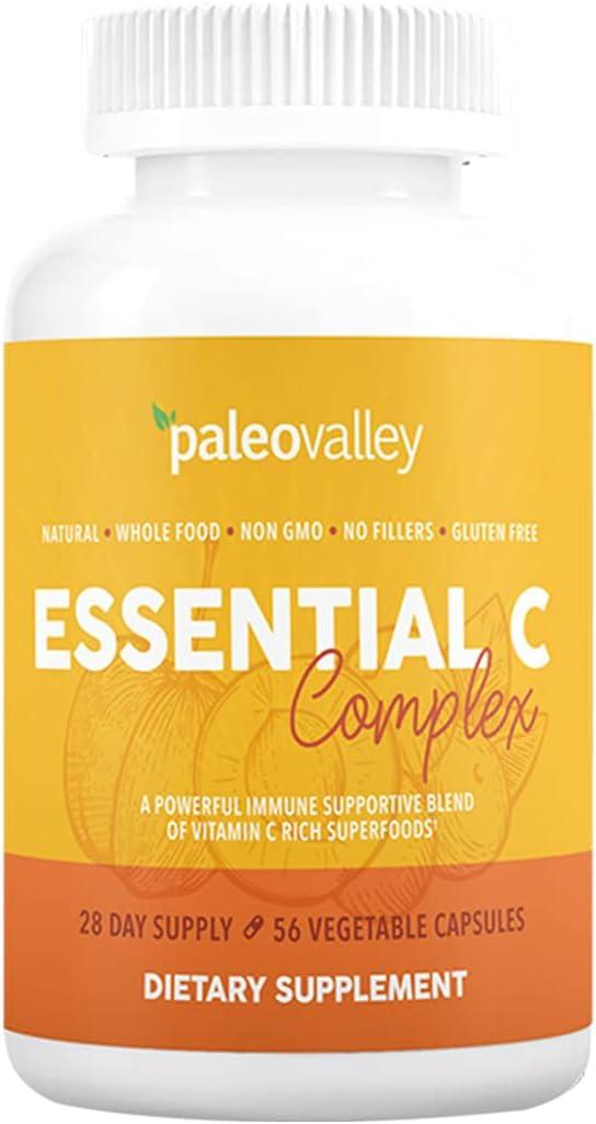 Paleovalley Essential C Complex - Vitamin C Supplement for Immune Support - 1 Pack, 450mg - Organic Superfood Unripe Acerola Cherry, Camu Camu, Amla Berry - Free of Synthetic Ascorbic Acid - USA product image