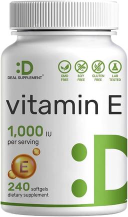DEAL SUPPLEMENT Vitamin E Supplement, 1,000IU per Serving, 240 Softgels - Ultra-Potent Antioxidant Protection - Bioavailable Stable Form - Supports Skin, Heart, Brain and Immune Health - Non-GMO