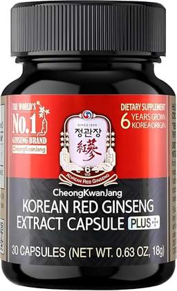 Korean Red Ginseng Extract Capsules Plus - All-in-One Vegan Supplement - Energy Boost and Immune Support, Caffeine Free and GMO Free (600mg, 30 Capsules)