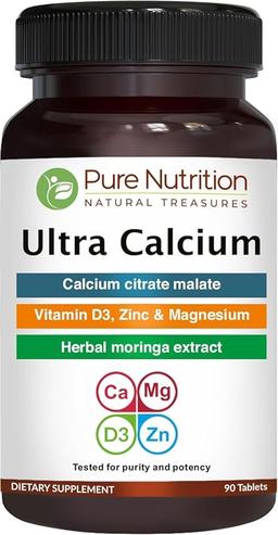 Pure Nutrition Ultra Calcium 1000mg (with Vitamin D3 + K2) | 90 Tablets | High-Absorption Calcium Supplement Containing Calcium Citrate Malate, Vitamin D3, K2, Moringa Oleifera, Magnesium, and Zinc