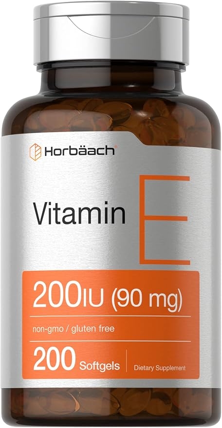 Horbäach Vitamin E Softgel Capsules | 200 IU (90mg) Supplement | 200 Count | GMO Free and Gluten Free Formula product image