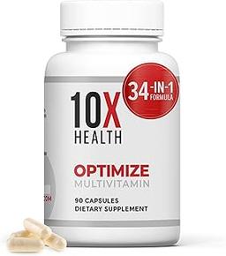 10X Health Optimize Methylated Multivitamin - 90 Capsules, 34 in 1 Formula with 800 mcg of Vitamin B12 - Methylated Multivitamin for Men & Women with 5-MTHF, NAC, Methyl B Complex - MTHFR Supplement