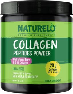 NATURELO Collagen Peptides Powder, Hydrolyzed Collagen Types I and III, Skin Hair and Joint Health - Unflavored, 473.2ml (16oz) | 45 Servings