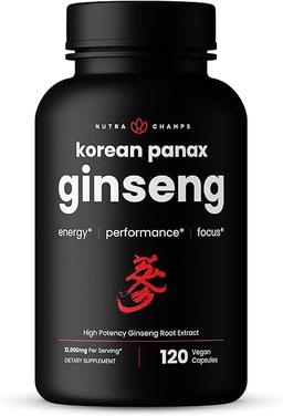 NutraChamps Korean Red Panax Ginseng Capsules | Ultra-Potent Ginsenosides for Energy, Focus, Performance, Vitality and Immune Support | Korean Ginseng Root Extract (120, Red)