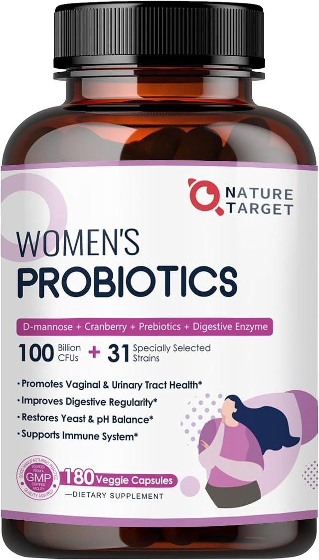 NATURE TARGET Probiotics for Women, 100 Billion CFUs Probiotic with Digestive Enzymes & Prebiotics, Vaginal Probiotics with Cranberry for Urinary Tract Health, pH Balance, 180 Veggie Capsules product image