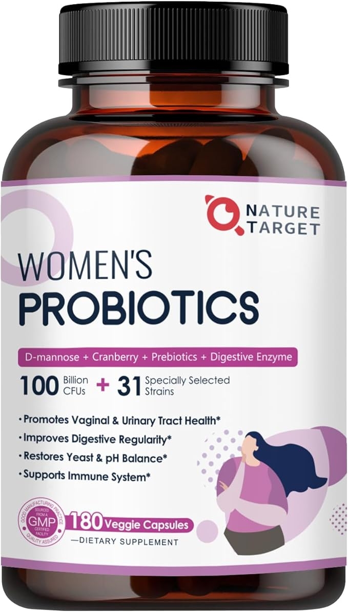 NATURE TARGET Probiotics for Women, 100 Billion CFUs Probiotic with Digestive Enzymes & Prebiotics, Vaginal Probiotics with Cranberry for Urinary Tract Health, pH Balance, 180 Veggie Capsules product image