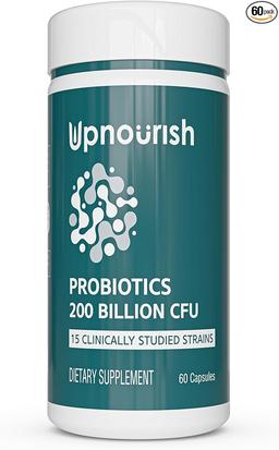 UpNourish Probiotics - 200 Billion CFUs for Men and Women, 15 Clinically Studied Strains, Prebiotics & Enzymes - 60 Vegan Capsules