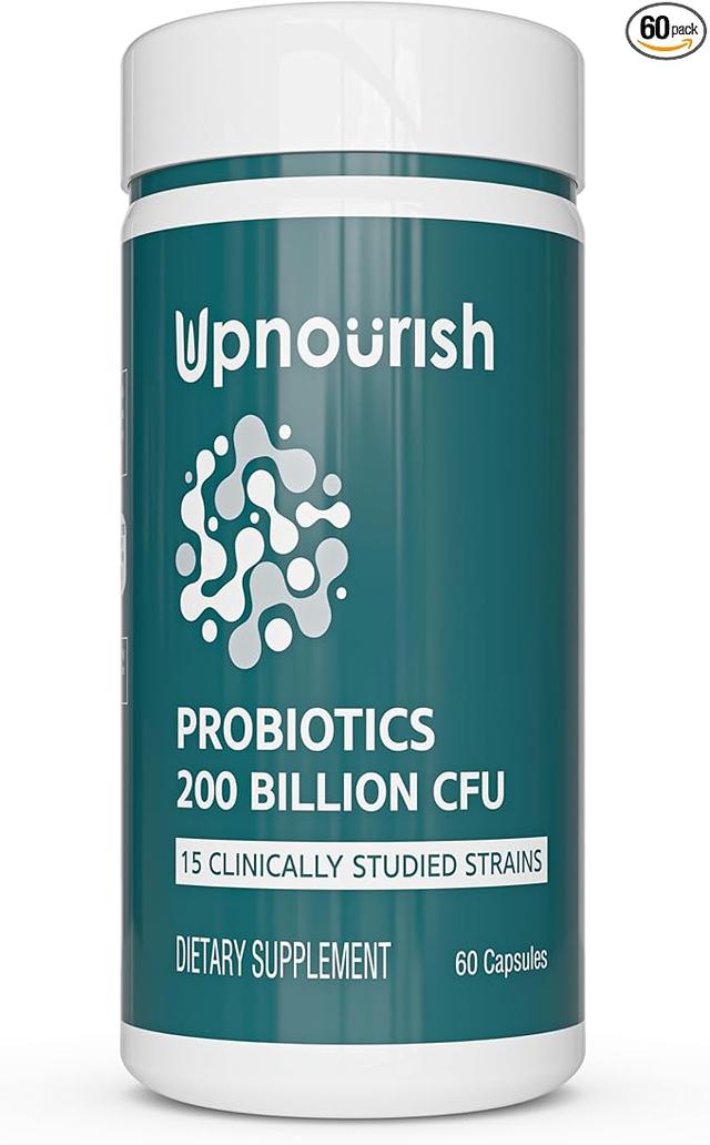 UpNourish Probiotics - 200 Billion CFUs for Men and Women, 15 Clinically Studied Strains, Prebiotics & Enzymes - 60 Vegan Capsules product image