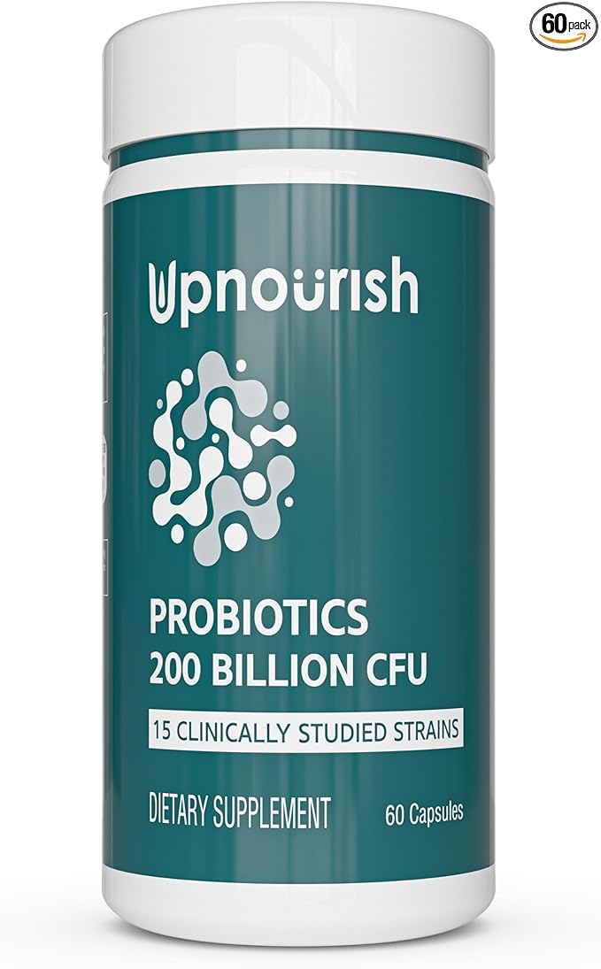UpNourish Probiotics - 200 Billion CFUs for Men and Women, 15 Clinically Studied Strains, Prebiotics & Enzymes - 60 Vegan Capsules product image