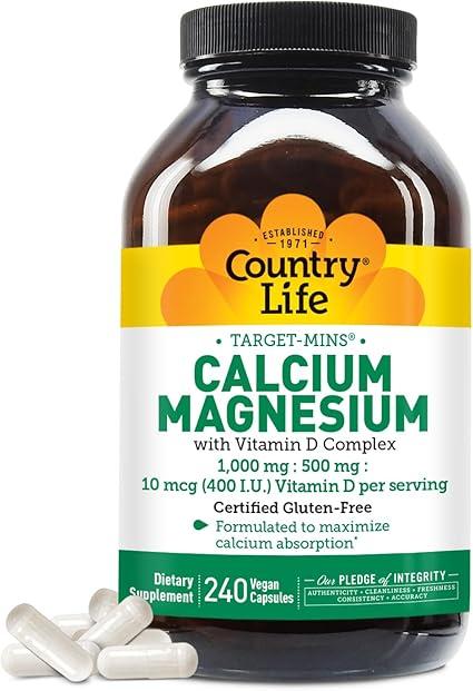 Country Life Target-Mins Calcium Magnesium with Vitamin D Complex, 1000mg/500mg/10mcg, Vegan Capsules 240 Count, Gluten Free Certified, Vegan Certified, GMO Free Certified product image