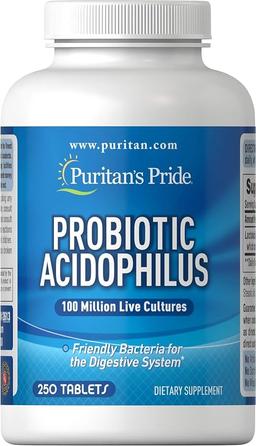 Puritan's Pride Daily Probiotic Acidophilus, 100 Million Live Cultures, Dietary Supplement for Digestive, Gut, and Immune Health, Soy, Sodium, and Gluten Free, 8 Month Supply, 250 Tablets