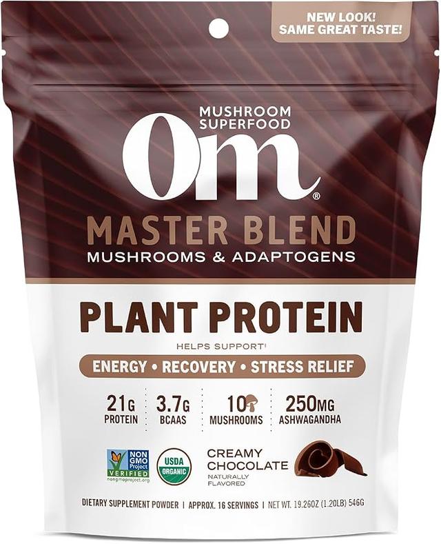 OM Mushroom Superfood Master Blend Plant-Based Protein Powder, 546g (19.5 oz), 16 Servings, Creamy Chocolate Protein with 10 Mushroom Complex, Lion's Mane, Adaptogen for Optimal Health and Recovery product image
