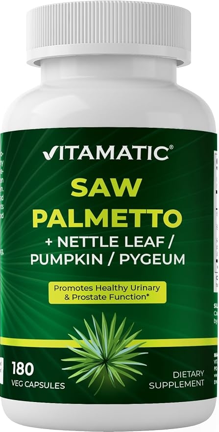 Vitamatic Saw Palmetto Extract 180 Vegetarian Capsules for Men and Women - Made with Pumpkin Seed, Pygeum, and Nettle Leaf - USA - Promotes Healthy Prostate Function product image