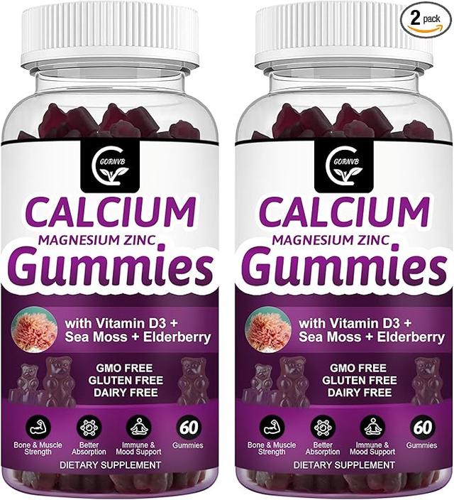 High-Absorption Calcium Magnesium Zinc Gummies with Magnesium Glycinate and Potassium – Plant-Based Calcium Magnesium 2:1 Ratio with D3 Sea Moss for Bone, Muscle, Immune, and Sleep Support, Vegan – 2-Pack product image