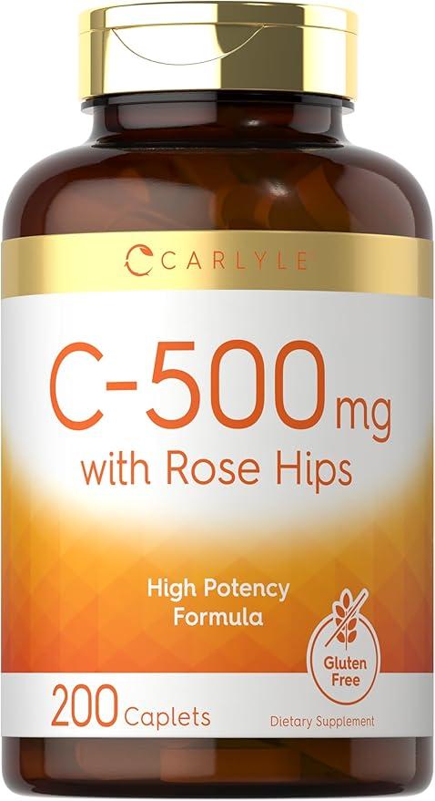 Carlyle Vitamin C with Rose Hips 500mg | 200 Capsules | High Potency Formula | Vegetarian, Non-GMO and Gluten Free Supplement product image