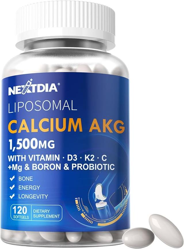 Liposomal Calcium AKG Supplement 1500mg (with Vitamin D3 & K2, Softgels for Women and Men) │ High Absorption │ Contains Magnesium Glycinate, Boron, Probiotics, Bone Health Vitamin C - 120 Softgels product image