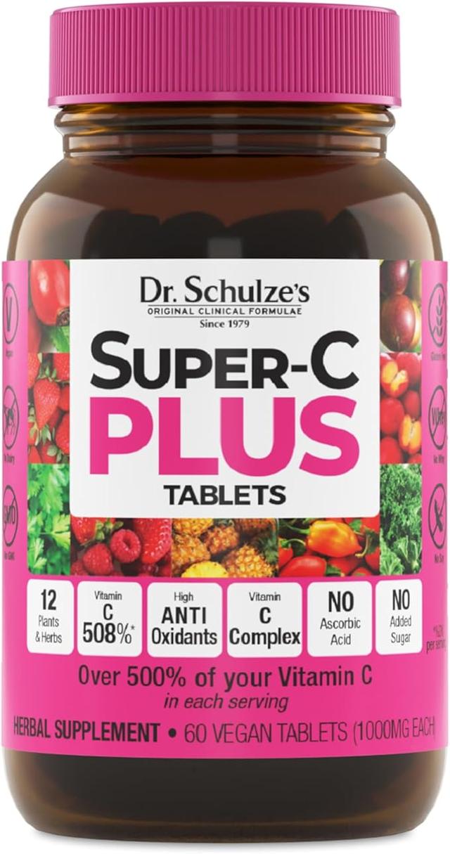Dr. Schulze's | Super-C Plus | Vitamin C Complex | Clinical Herb Formula | Supplement | Immune Support | Collagen Formation and Enhanced Iron Absorption | 60 Chewable Tablets (1000 mg) product image