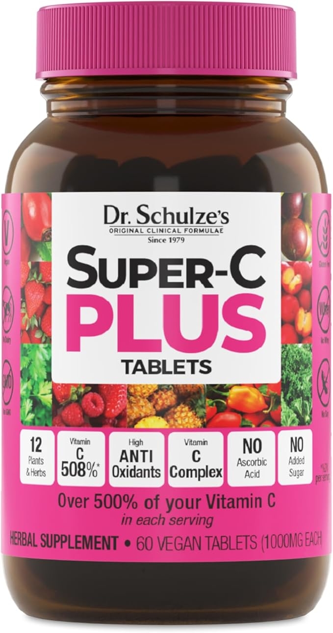 Dr. Schulze's | Super-C Plus | Vitamin C Complex | Clinical Herb Formula | Supplement | Immune Support | Collagen Formation and Enhanced Iron Absorption | 60 Chewable Tablets (1000 mg) product image