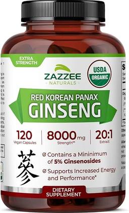 Zazzee USDA Organic Red Korean Ginseng 20:1 Extract, 8000mg Strength, 5% Ginsenosides, 120 Vegan Capsules, Standardized and Concentrated Root Extract, 100% Vegetarian, Natural Ingredients, Non-GMO
