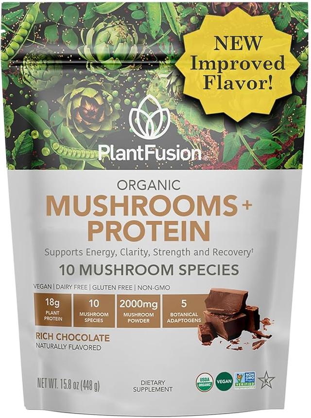 PlantFusion Mushroom Protein Powder - 3 in 1 Vegan Protein Powder, Mushroom Supplement and Adaptogenic Supplement - Support Mental Focus, Immunity and Recovery - Chocolate 453.6g (1 lb) product image