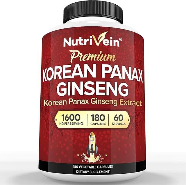 Nutrivein Premium Korean Red Ginseng Supplement 1600mg - 180 Capsules - Powerful Korean Red Ginseng for Vitality, Clarity, Performance and Defense product image