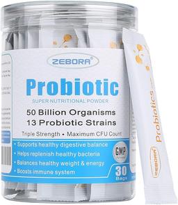 ZEBORA Probiotics for Women, Men and Kids, Prebiotics and Probiotics Powder for Digestive and Immune Gut Health - Support Healthy Respiratory System Gluten Free and Non GMO, 30 Packets