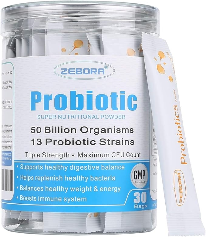 ZEBORA Probiotics for Women, Men and Kids, Prebiotics and Probiotics Powder for Digestive and Immune Gut Health - Support Healthy Respiratory System Gluten Free and Non GMO, 30 Packets product image