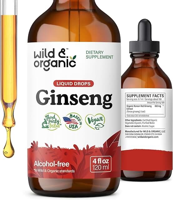Wild & Organic Korean Panax Ginseng Extract Liquid - Red Ginseng Root Supplement for Overall Wellness - Immune Support Drops - Vegan, Sugar and Alcohol Free Tincture - 118.3ml (4oz) product image