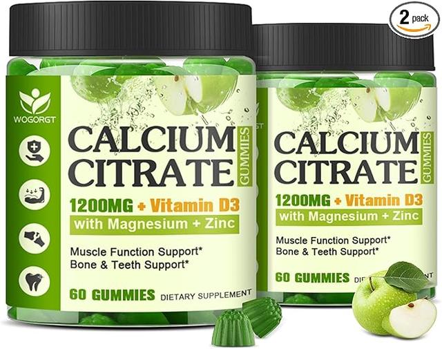 Calcium Citrate 1200mg with Vitamin D3 Supplement Gummies for Women and Men - Chewable Calcium, Magnesium, Zinc D3, K2 Supplement for Bone, Teeth, and Immune Support, Apple Flavor - 60 Gummies (2 Pack) product image