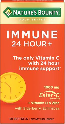 Nature's Bounty, Immune 24 Hour +, Unique Vitamin C with Ester-C's 24-Hour Immune Support, Vitamin C 1000mg, D & Zinc, Gluten Free, Quick-Release Softgels, 2 Softgels per Day, 50 Count