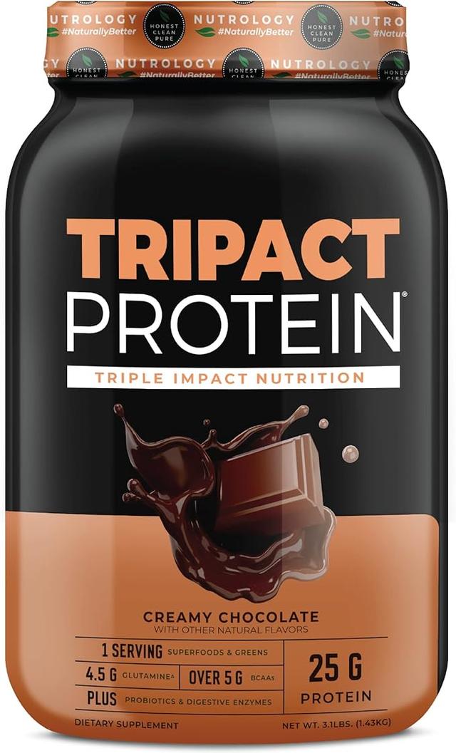 TRIPACT Protein - Premium Nutrition Shake - GMO Free Grass Fed Whey Protein, Plant Protein, Vegetables, Superfoods and Probiotics - 5g+ BCAA - Creamy Chocolate 1.4kg (3 lbs) product image