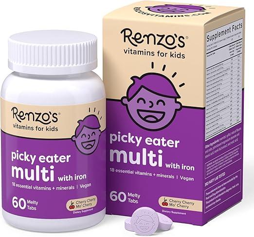 Renzo's Picky Eater Kids Multivitamin with Iron, Dissolving Kids Vitamins with Vitamin D3 & K2 and More, 60 Sugar-Free Melty Tabs, Cherry Mo' Cherry Flavored product image